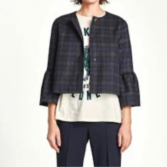 Zara Basic  tartan plaid bell sleeve cape jacket preppy chic career size Small - Picture 11 of 12